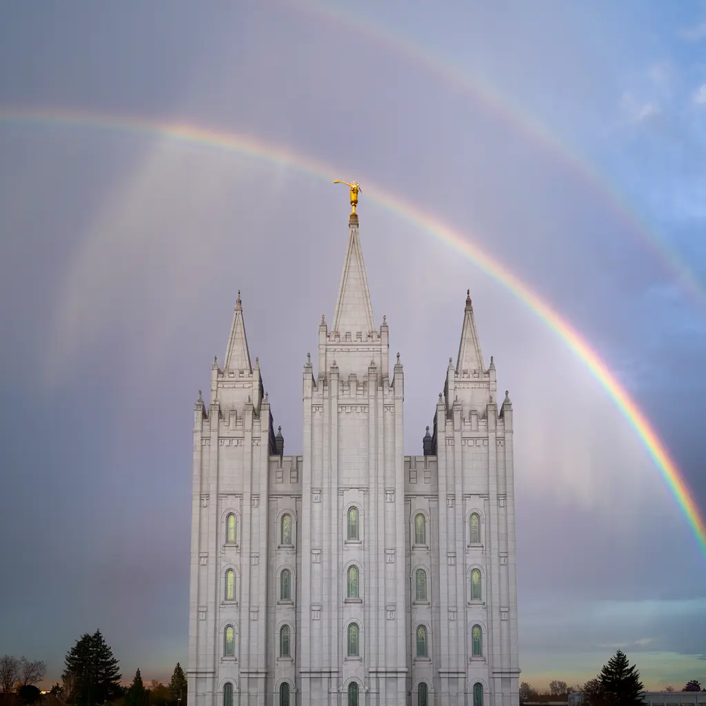 Arco iris sobre templo de la iglesia de Jesucristo de los Santos de los Últimos Días